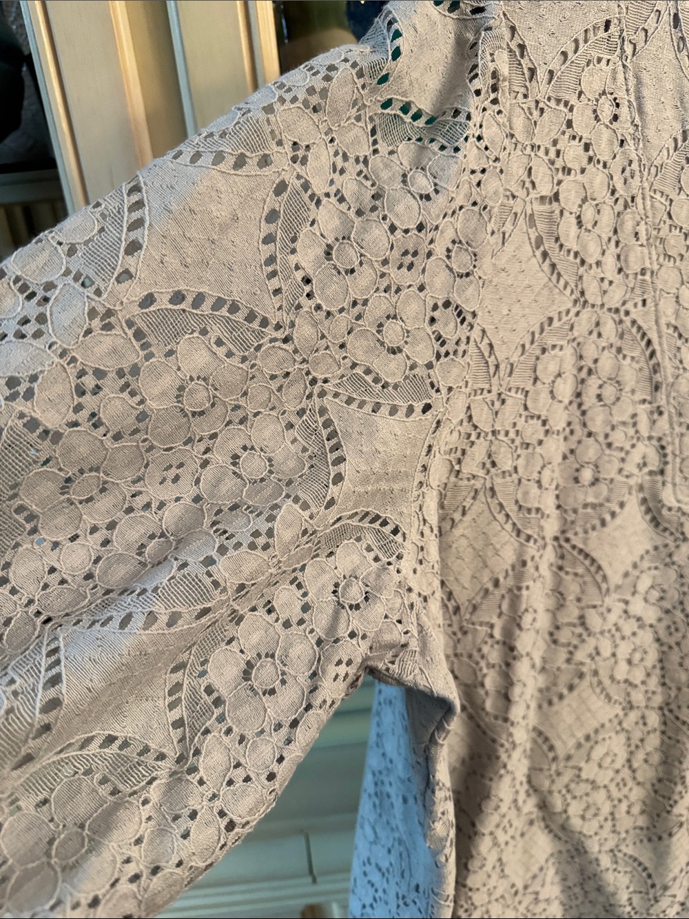 NWT J.Jill  Light Gray Eyelet V-Neck Puff Sleeve Blouse - Picture 4 of 7